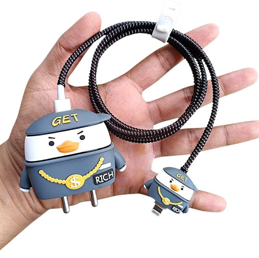 Rich duck charger cover and cable protector held in palm with cable winder