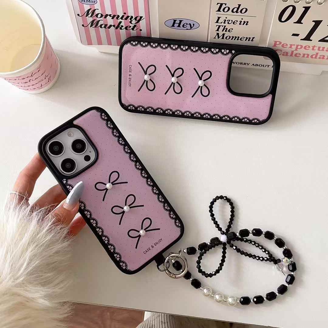 Pearl Lace Bow iPhone Case with Charm Chain – Pink
