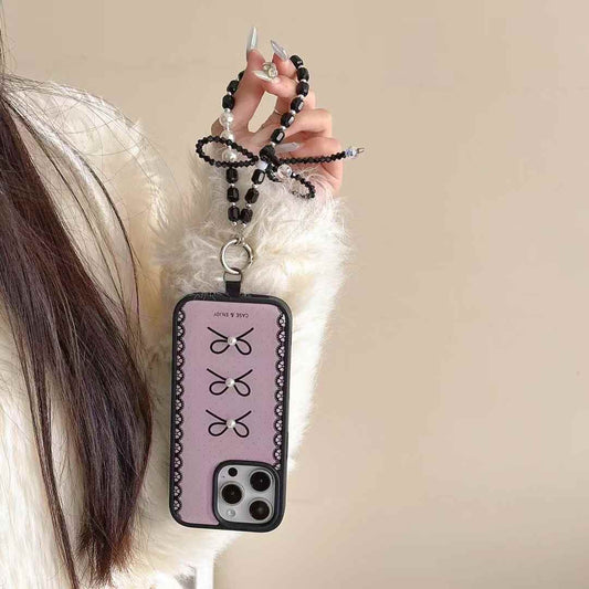 Pearl Lace Bow iPhone Case with Charm Chain – Pink