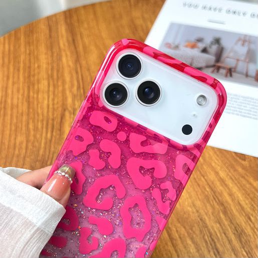 Pink leopard glitter iPhone case close-up sparkle detail