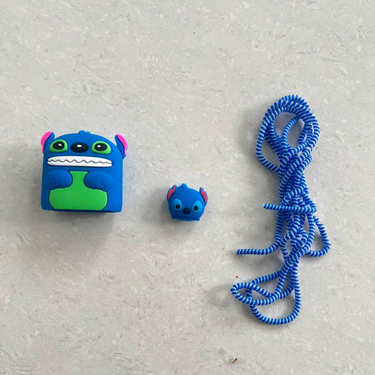 Blue Monster iPhone Charger Adapter Cover with Mini Cable Bite and Blue White Coil Winder – iPouch
