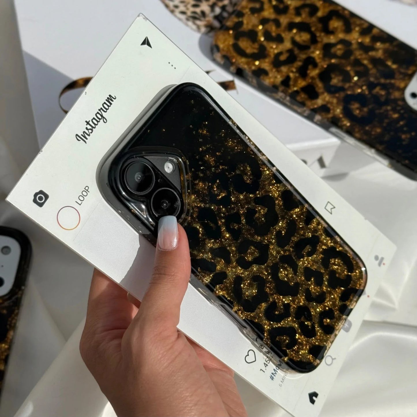 Leopard Print Gold Glitter iPhone Case with Crystal Wristlet Chain