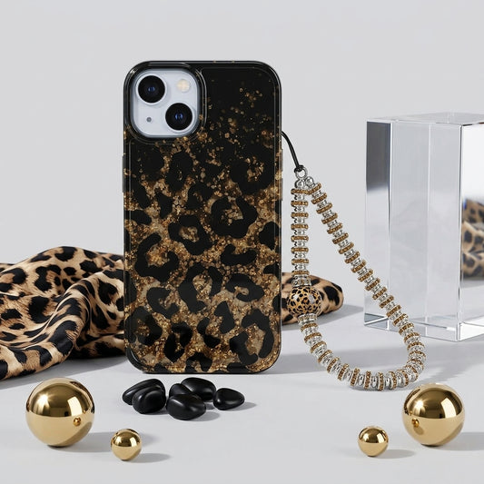 Leopard Print Gold Glitter iPhone Case with Crystal Wristlet Chain