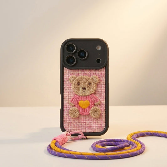 Pink Teddy Bear Embroidered iPhone Case with Wrist Strap
