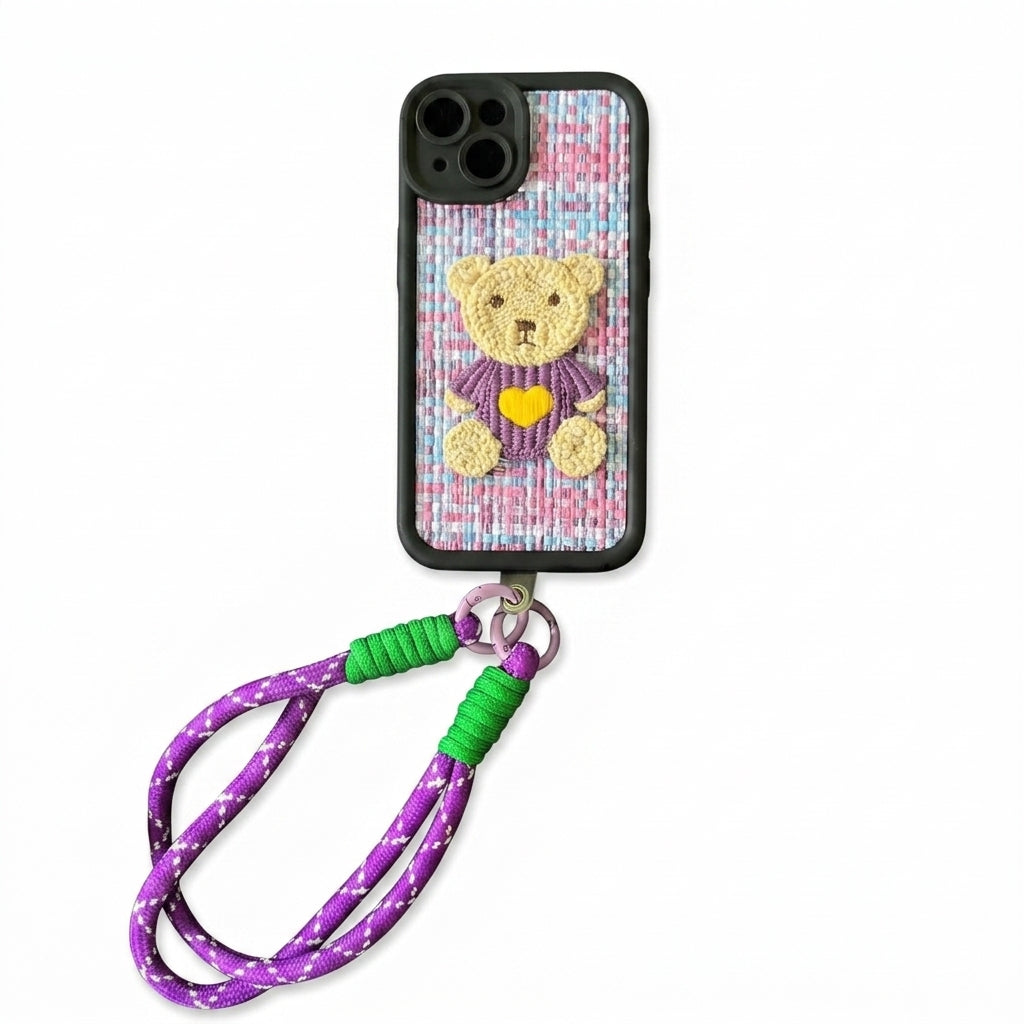 Purple Teddy Bear Embroidered iPhone Case – Cute 3D Crochet Bear with Wrist Strap