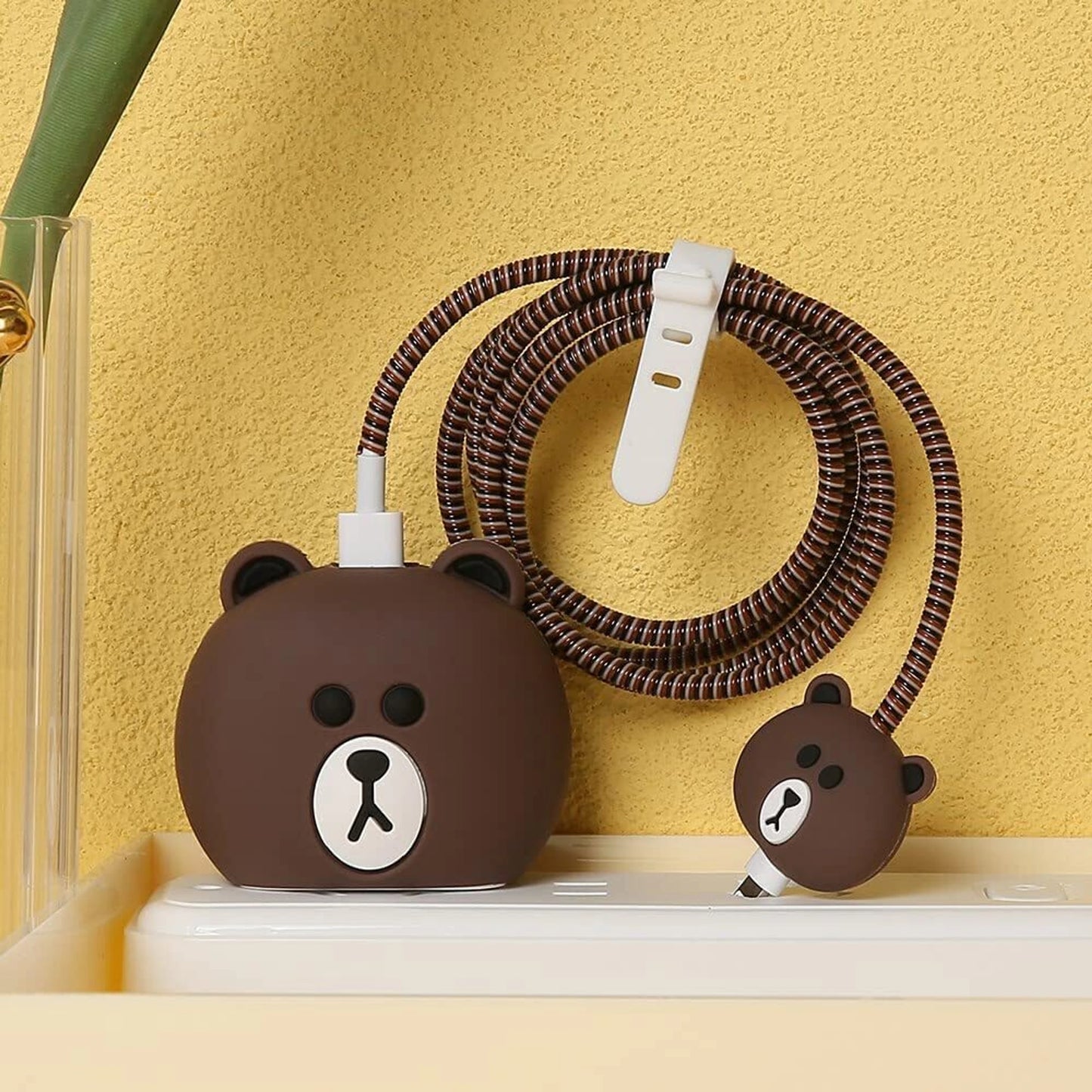 Brown Bear iPhone Charger Adapter Cover on power strip with brown gold coil winder – iPouch