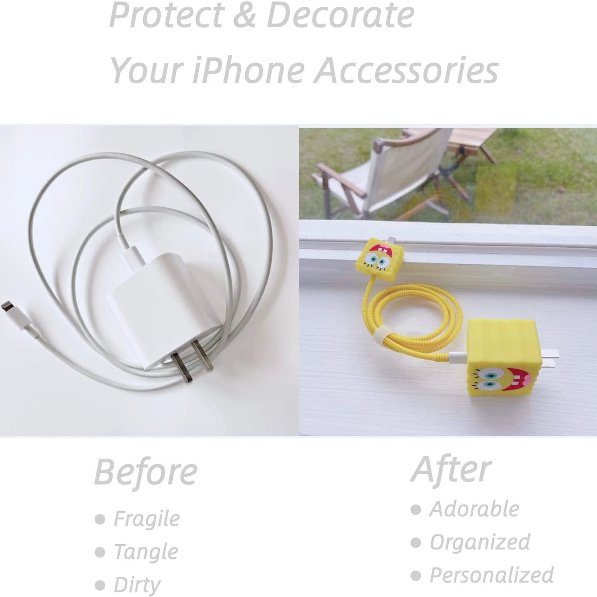 Yellow square smiley character charger cover and mini cable protector with yellow spiral cable wrap next to iPhone and sticker book