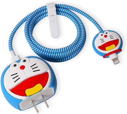 Blue kawaii cat face charger cover and cable protector set product shot