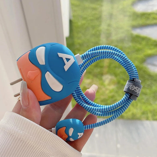 Blue hero mask charger cover held near window