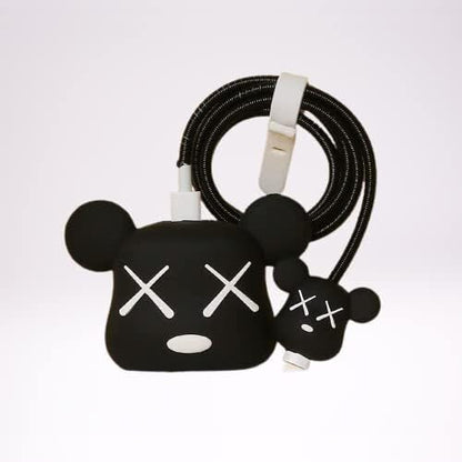 KAWS Bear iPhone 18W / 20W Charger Adapter Cover & Cable Protector Set – Black Silicone Skin