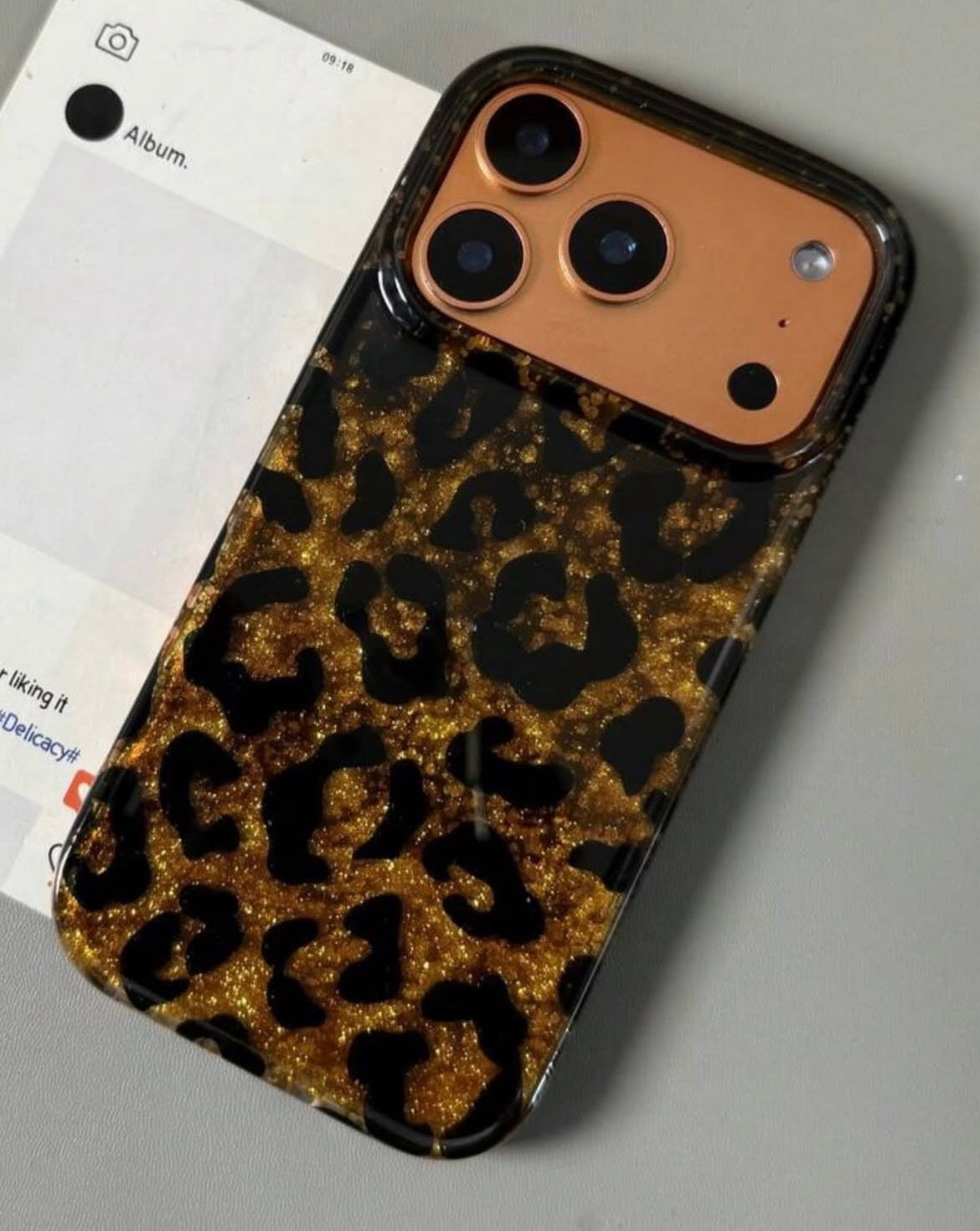 Leopard Print Gold Glitter iPhone Case with Crystal Wristlet Chain