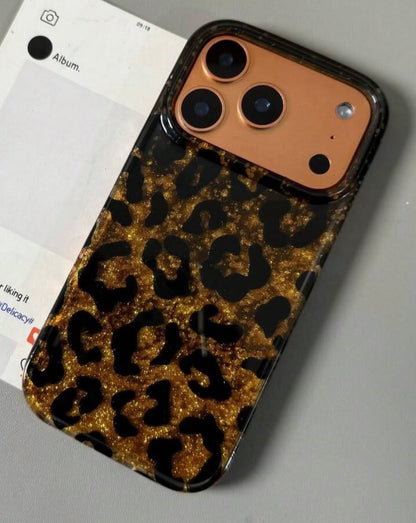 Leopard Print Gold Glitter iPhone Case with Crystal Wristlet Chain