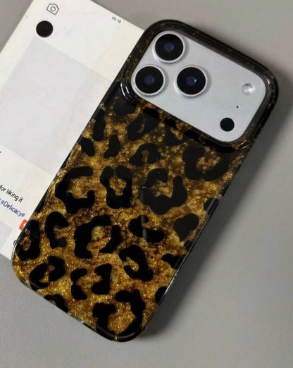 Leopard Print Gold Glitter iPhone Case with Crystal Wristlet Chain