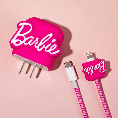 Hot pink silicone charger adapter cover and cable protector on pink background