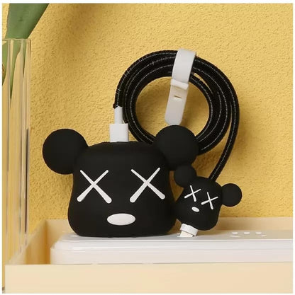 KAWS Bear iPhone 18W / 20W Charger Adapter Cover & Cable Protector Set – Black Silicone Skin