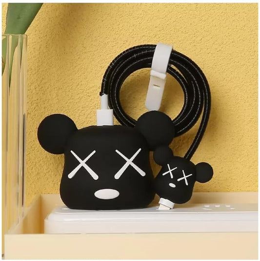 KAWS Bear iPhone 18W / 20W Charger Adapter Cover & Cable Protector Set – Black Silicone Skin