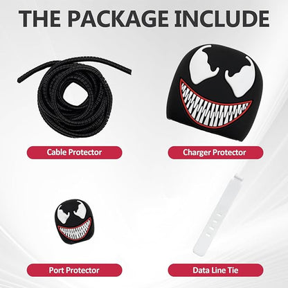 Venom black silicone charger adapter cover with mini Venom cable protector and black spiral cable winder on white background