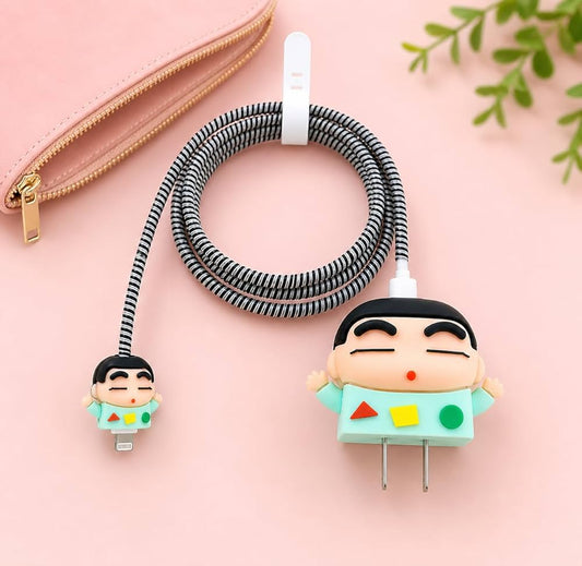 Cartoon Boy Teal Charger Cover with Cable Bite and Black White Coil Winder on pink background – iPouch