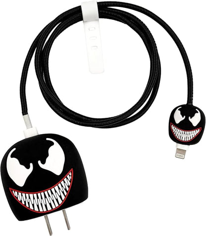 Before and after comparison showing plain charger vs Venom charger cover set - safe for kids and pets