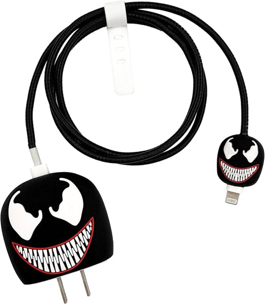 Before and after comparison showing plain charger vs Venom charger cover set - safe for kids and pets