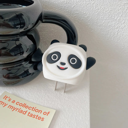 3D panda face iPhone charger cover full set with coiled white cable on white background