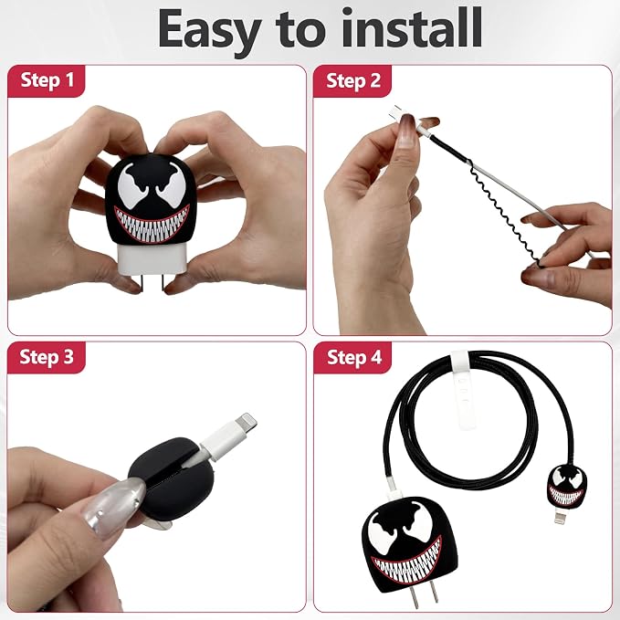 Venom charger cover in use on desk with iPhone charging - cute cartoon charger protector lifestyle shot