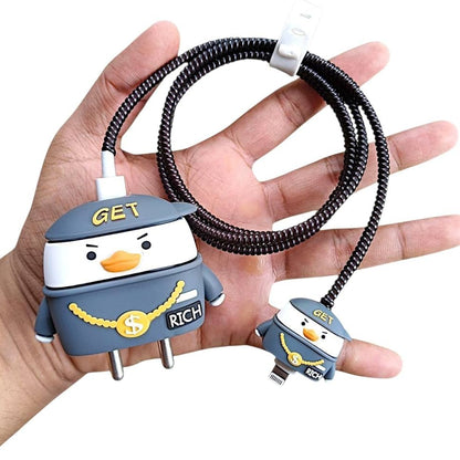 Rich duck charger cover and cable protector held in palm with cable winder