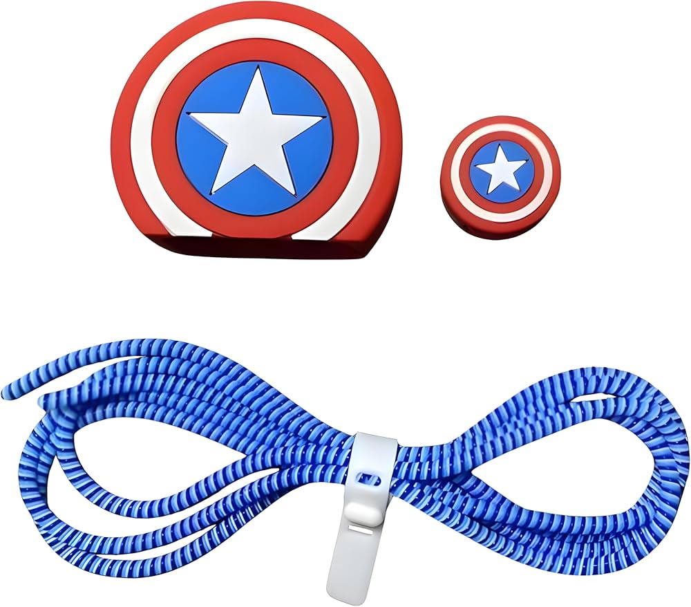 Star shield charger adapter cover, mini shield cable bite and blue coil winder - flat lay on white background