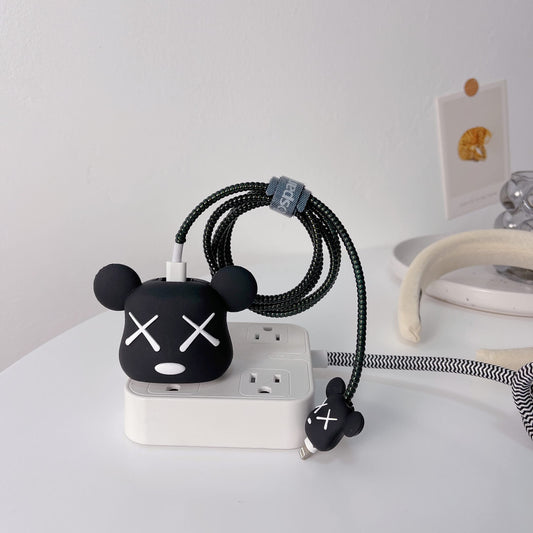 KAWS Bear iPhone 18W / 20W Charger Adapter Cover & Cable Protector Set – Black Silicone Skin