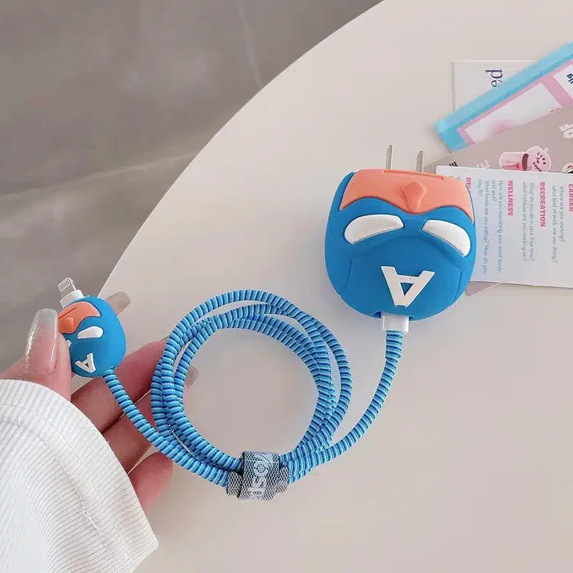 Blue hero mask charger cover and cable protector hanging