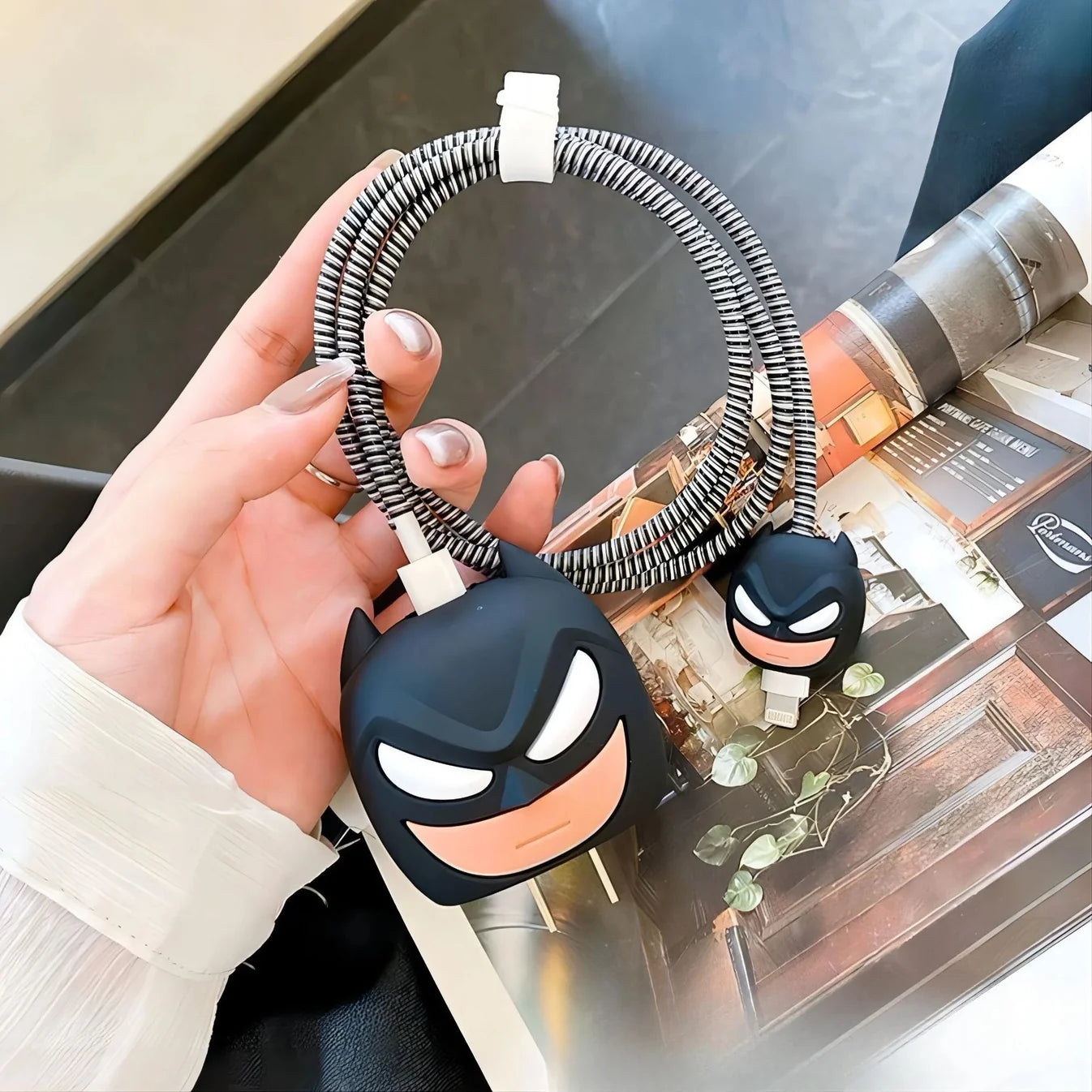 Dark Masked Hero iPhone Charger Cover & Cable Protector Set – Matte Black Silicone Skin