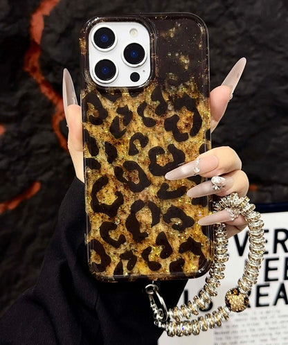 Leopard Print Gold Glitter iPhone Case with Crystal Wristlet Chain