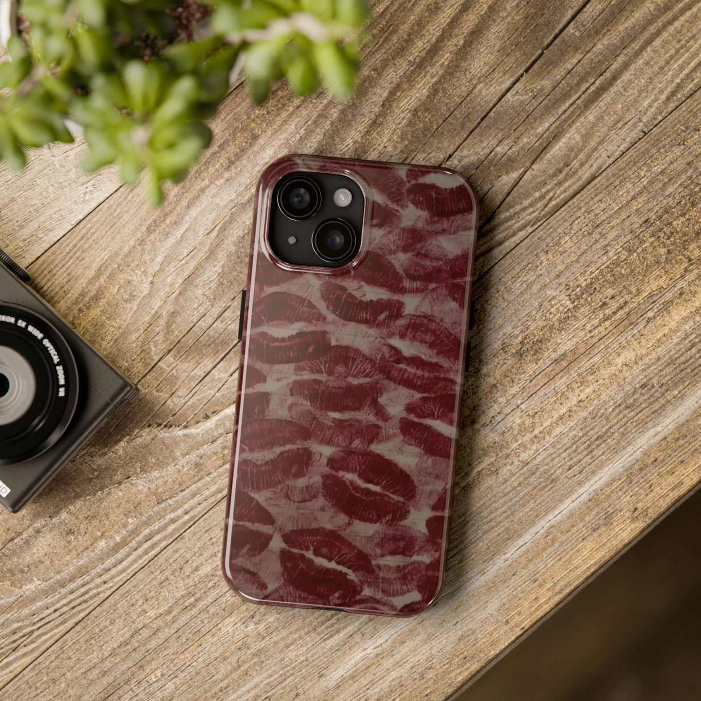 Kiss Print Glossy Tough iPhone Case — Burgundy Lip Print