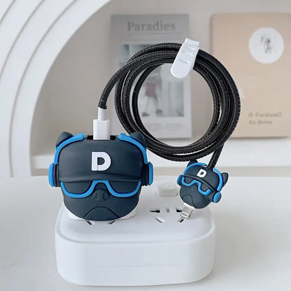 Dark grey bulldog DJ charger cover on adapter on white charging dock with black spiral cable wrap and mini bulldog cable protector