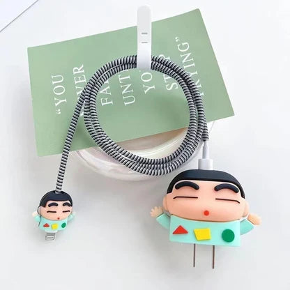 Cartoon Boy iPhone Charger Adapter Cover and Cable Protector Set – Teal Silicone Skin