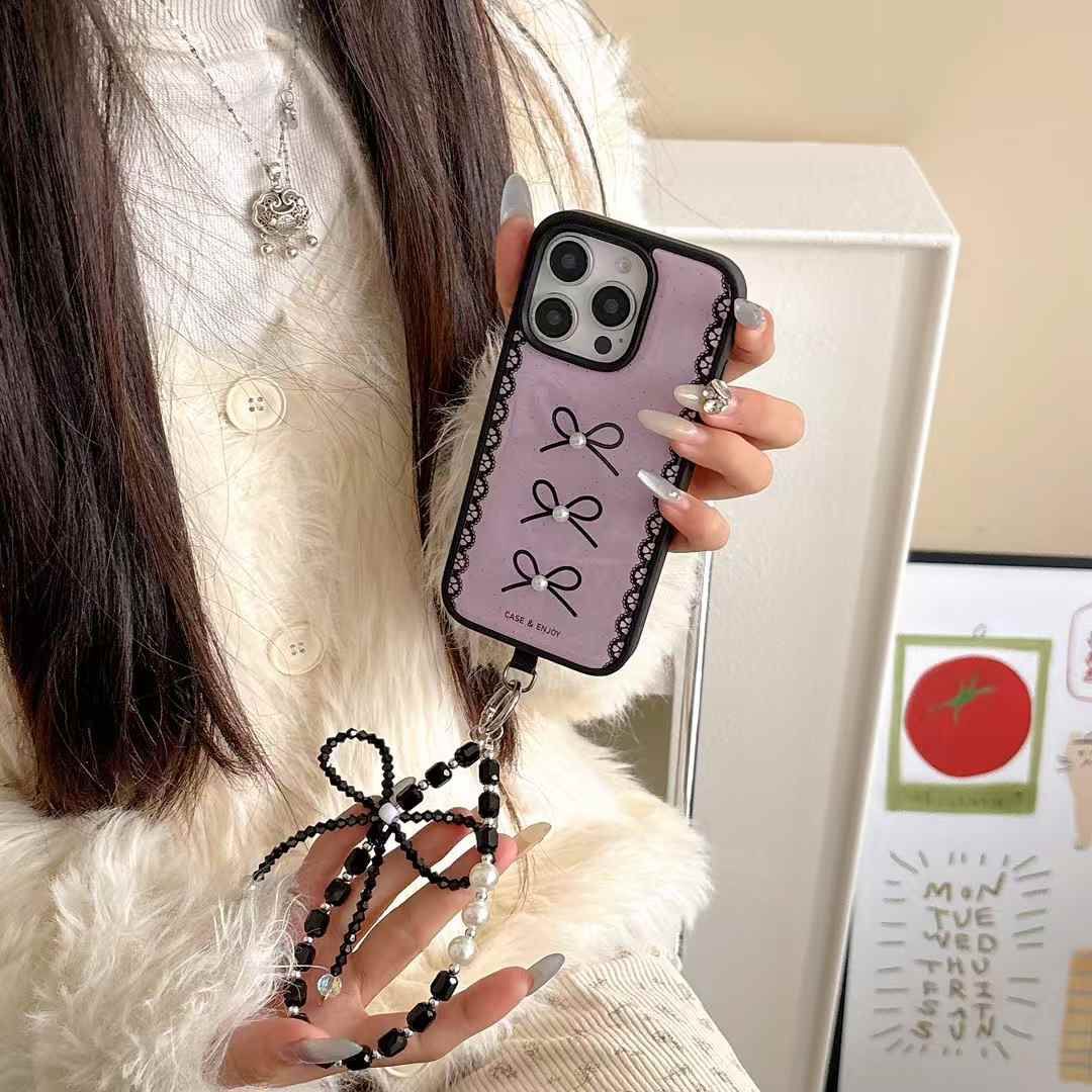 Pearl Lace Bow iPhone Case with Charm Chain – Pink