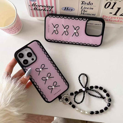 Pearl Lace Bow iPhone Case with Charm Chain – Pink