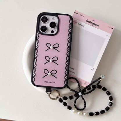 Pearl Lace Bow iPhone Case with Charm Chain – Pink