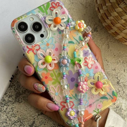 3D Floral Garden iPhone Case with Flower Bead Wrist Chain – Clear