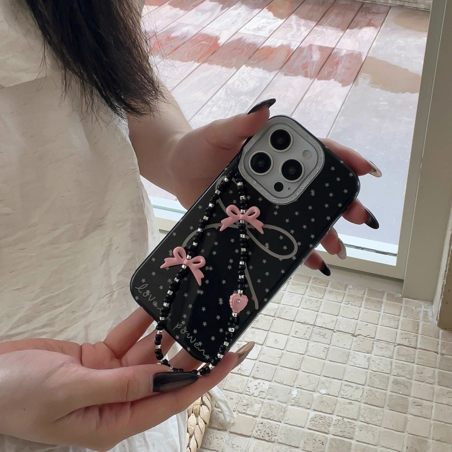 Lovely Power Black Star Bow iPhone Case – with Bead Chain