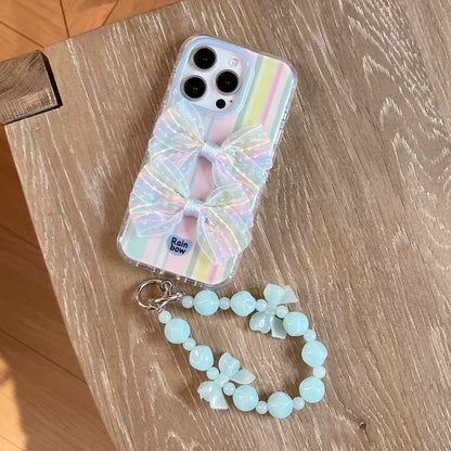 Rainbow Bow iPhone Case – Pastel Stripes with Mint Bead Chain