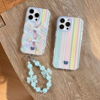 Rainbow Bow iPhone Case – Pastel Stripes with Mint Bead Chain