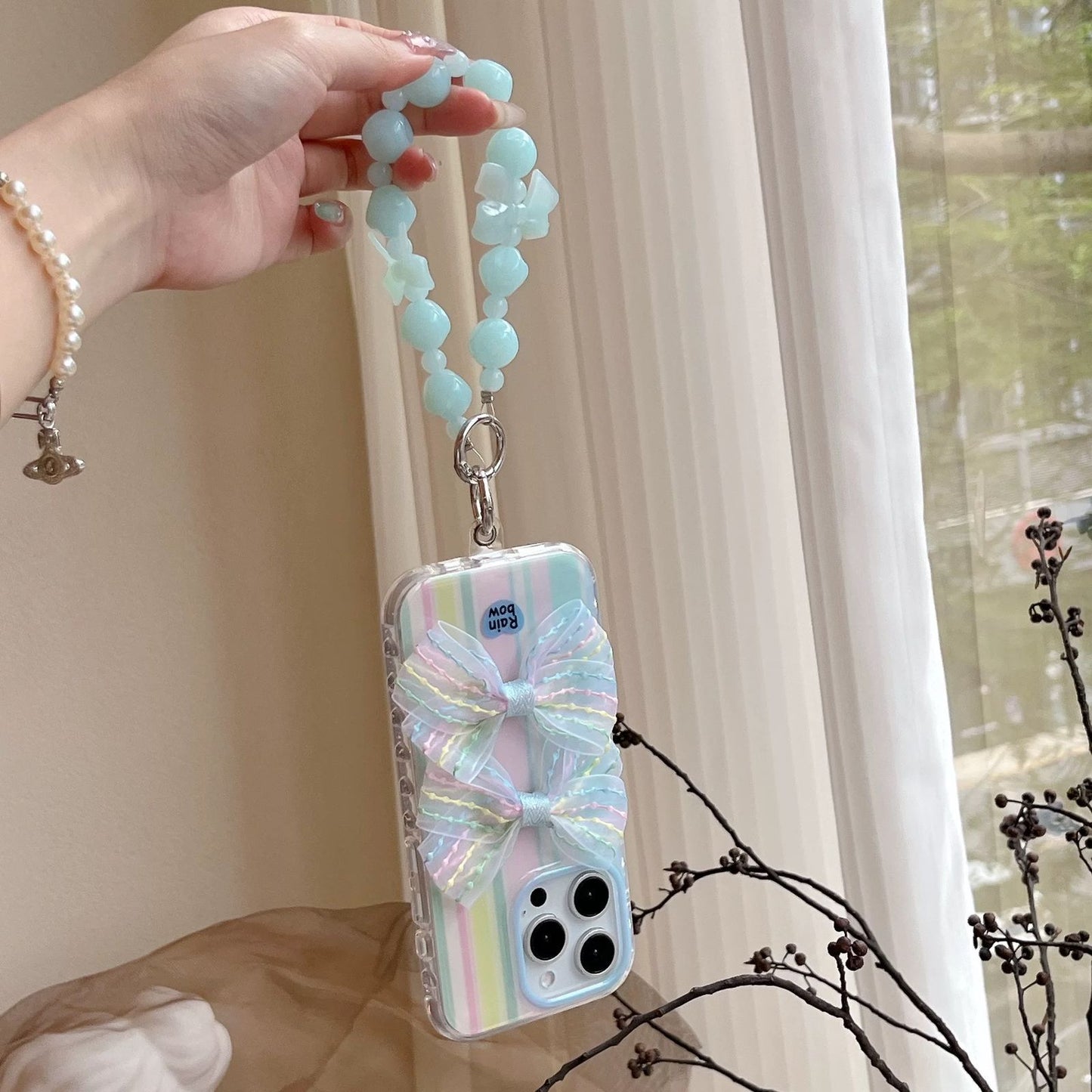 Rainbow Bow iPhone Case – Pastel Stripes with Mint Bead Chain