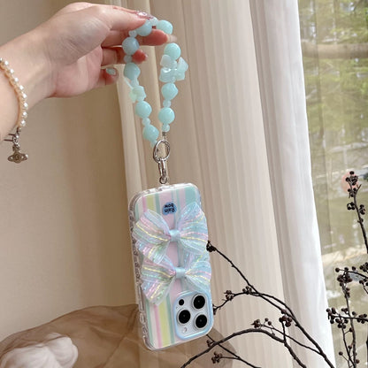 Rainbow Bow iPhone Case – Pastel Stripes with Mint Bead Chain