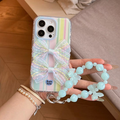 Rainbow Bow iPhone Case – Pastel Stripes with Mint Bead Chain