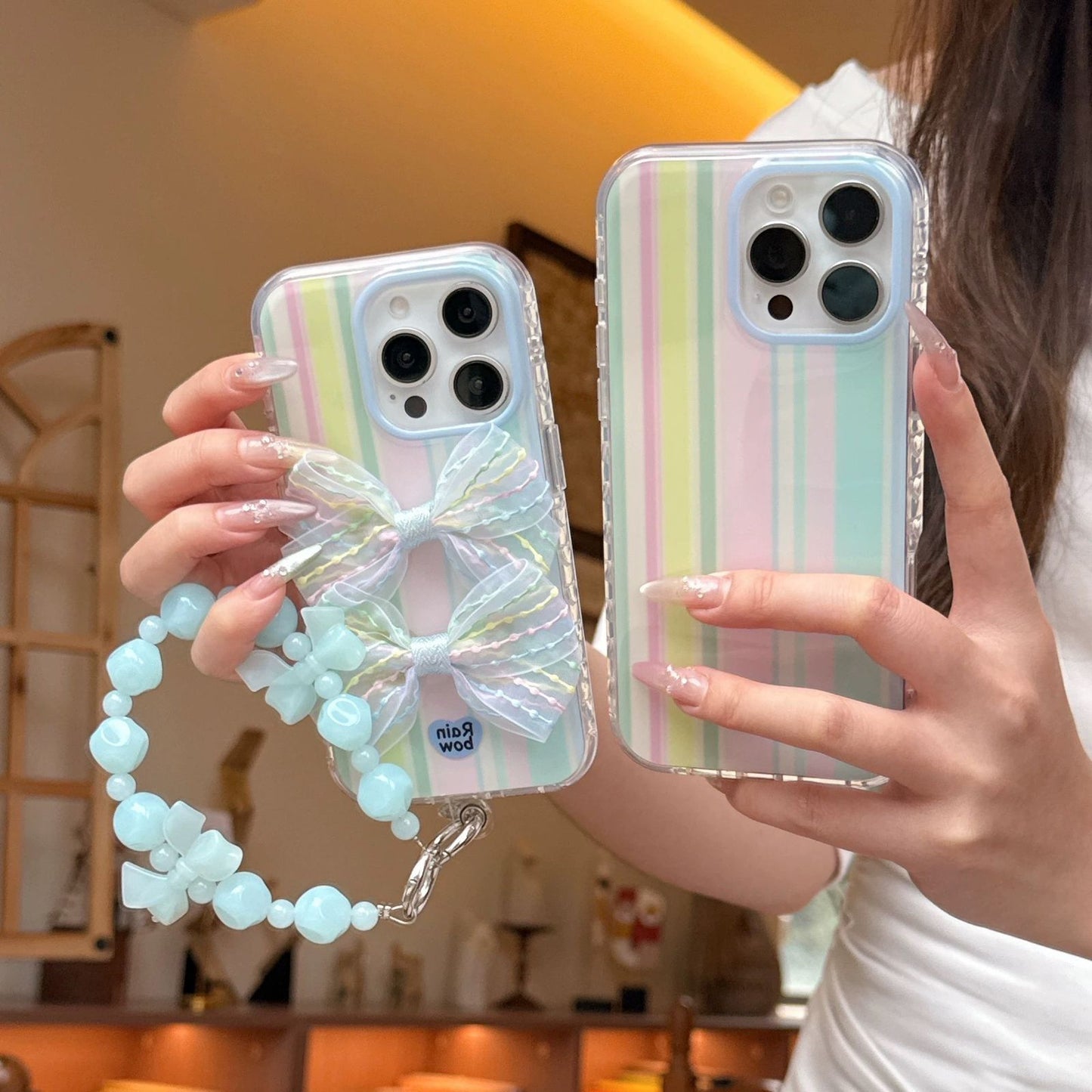 Rainbow Bow iPhone Case – Pastel Stripes with Mint Bead Chain
