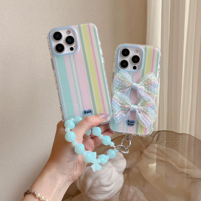 Rainbow Bow iPhone Case – Pastel Stripes with Mint Bead Chain