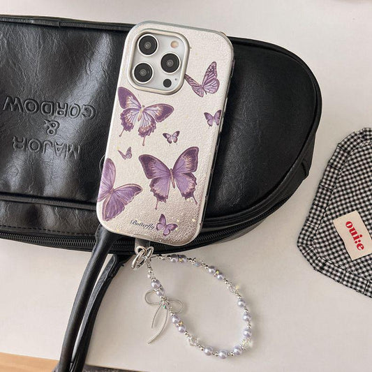 Purple Butterfly iPhone Case with Pearl Chain Wristlet