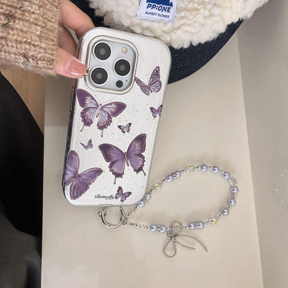 Purple Butterfly iPhone Case with Pearl Chain Wristlet