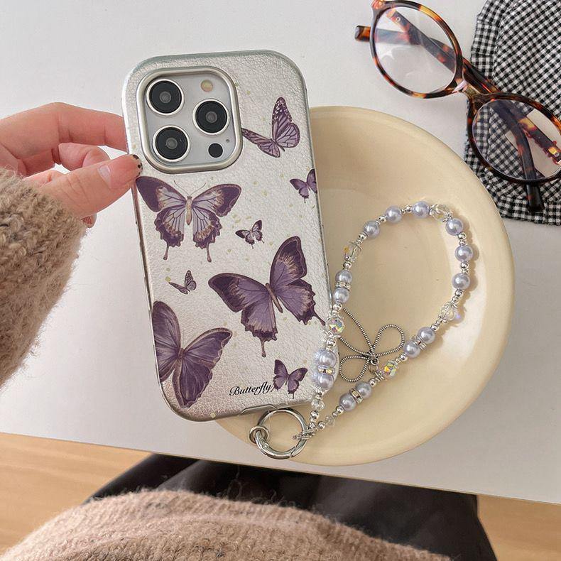 Purple Butterfly iPhone Case with Pearl Chain Wristlet